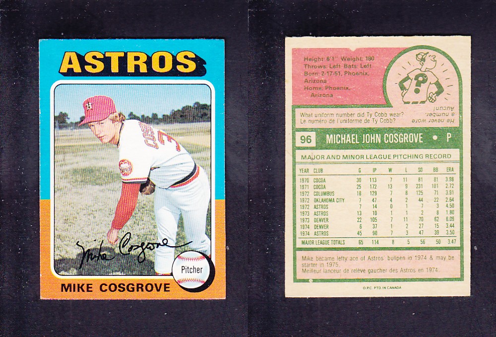 1975 O-PEE-CHEE BASEBALL CARD #96 M. COSGROVE photo