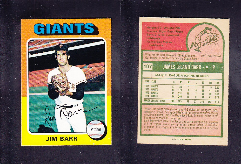 1975 O-PEE-CHEE BASEBALL CARD #107 J. BARR photo