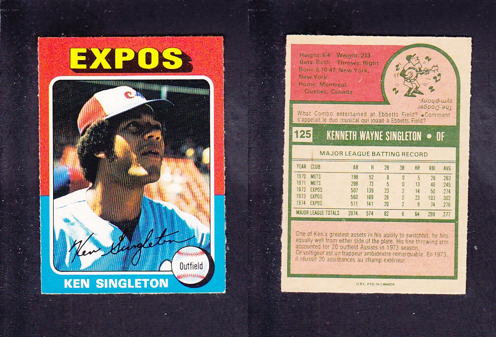 1975 O-PEE-CHEE BASEBALL CARD #125 K. SINGLETON photo