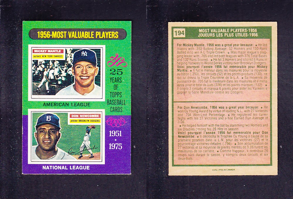 1975 O-PEE-CHEE BASEBALL CARD #194 1956-MOST VALUABLE PLAYERS photo