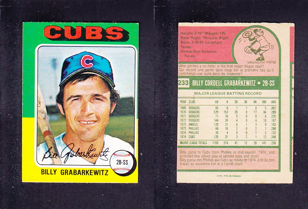 1975 O-PEE-CHEE BASEBALL CARD #233 B. GRABARKEWITZ photo