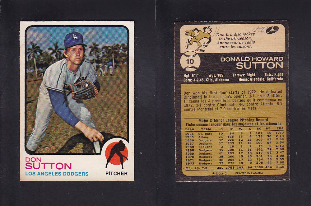 1973 O-PEE-CHEE BASEBALL CARD #10 D. SUTTON photo