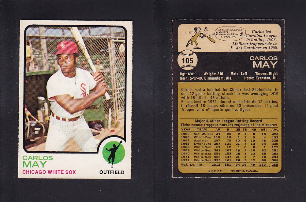 1973 O-PEE-CHEE BASEBALL CARD #105 C. MAY photo