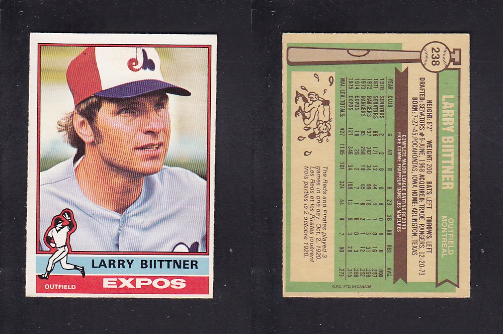 1976 O-PEE-CHEE BASEBALL CARD #238 L. BIITTNER photo