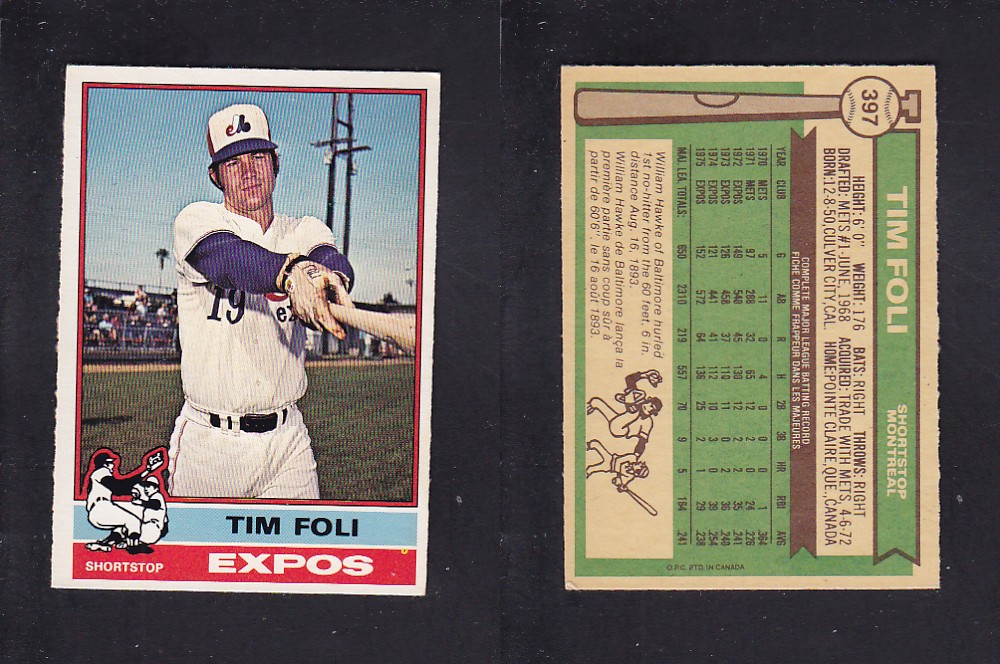 1976 O-PEE-CHEE BASEBALL CARD #397 T. FOLI photo