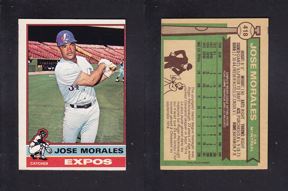 1976 O-PEE-CHEE BASEBALL CARD #418 J. MORALES photo