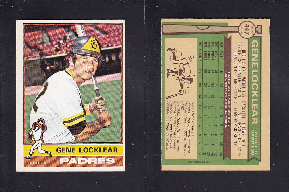 1976 O-PEE-CHEE BASEBALL CARD #447 G. LOCKLEAR photo