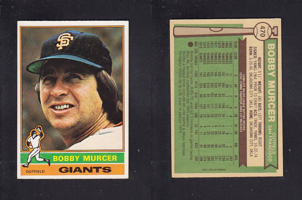 1976 O-PEE-CHEE BASEBALL CARD #470 B. MURCER photo