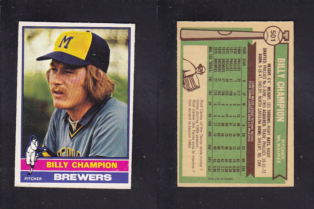 1976 O-PEE-CHEE BASEBALL CARD #501 B. CHAMPION photo