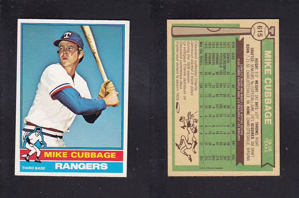 1976 O-PEE-CHEE BASEBALL CARD #615  M. CUBBAGE photo