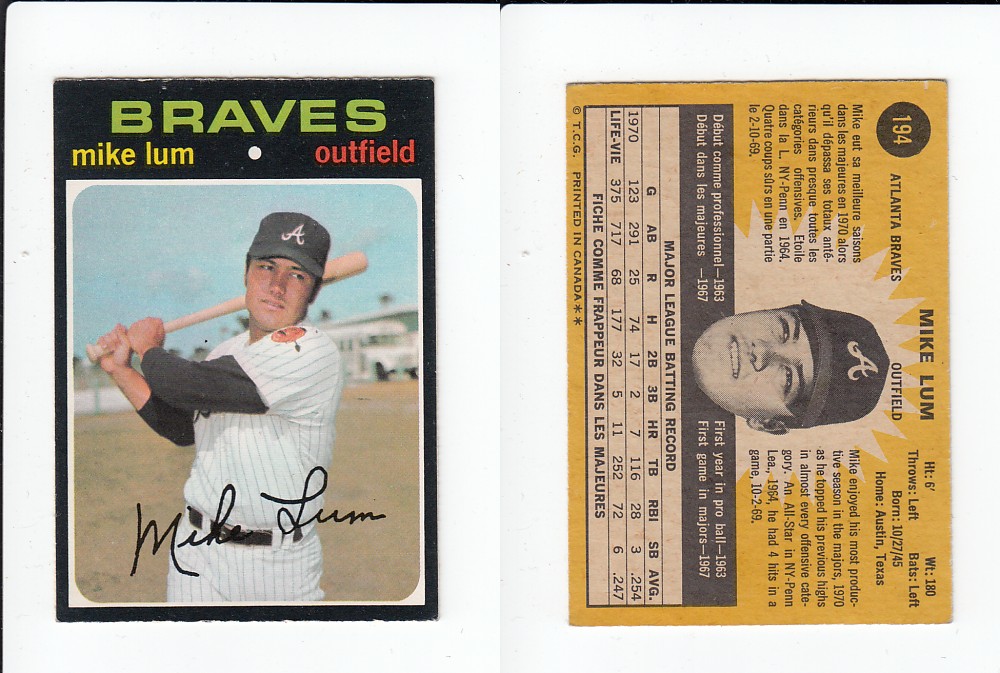 1971 O-PEE-CHEE BASEBALL CARD #194 M. LUM photo