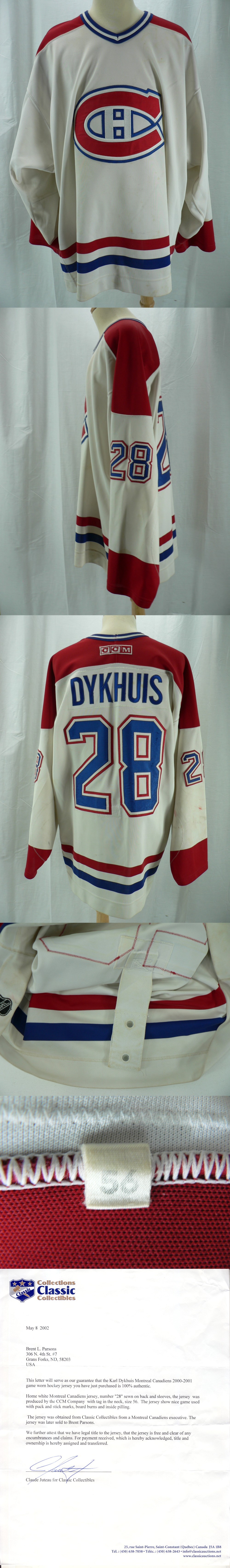 2000-01 MONTREAL CANADIENS K. DYKHUIS GAME WORN JERSEY & COA photo