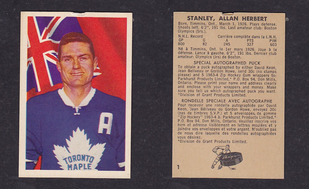 1963-64 PARKHURST HOCKEY CARD #1 A. STANLEY photo