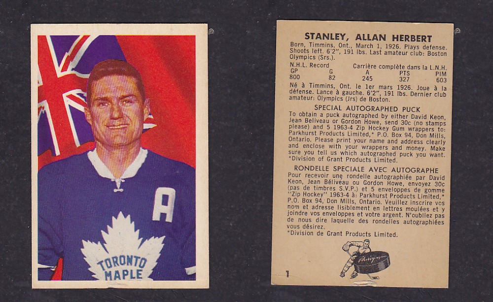 1963-64 PARKHURST HOCKEY CARD #1 A. STANLEY photo