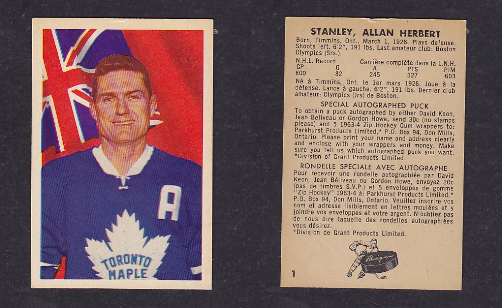 1963-64 PARKHURST HOCKEY CARD #1 A. STANLEY photo