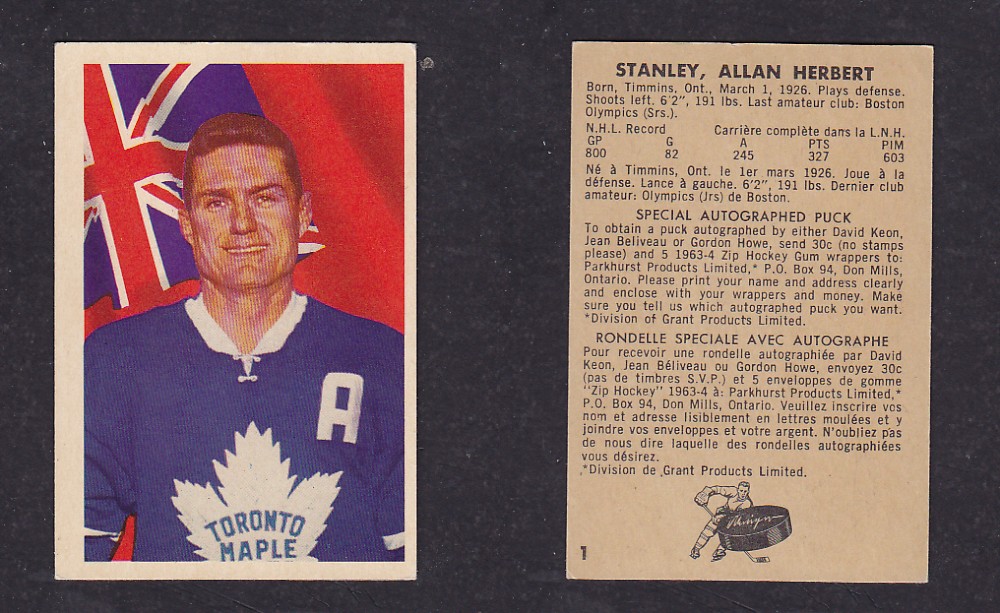 1963-64 PARKHURST HOCKEY CARD #1 A. STANLEY photo