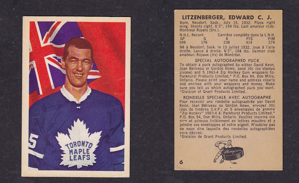 1963-64 PARKHURST HOCKEY CARD #6 E. LITZENBERGER photo