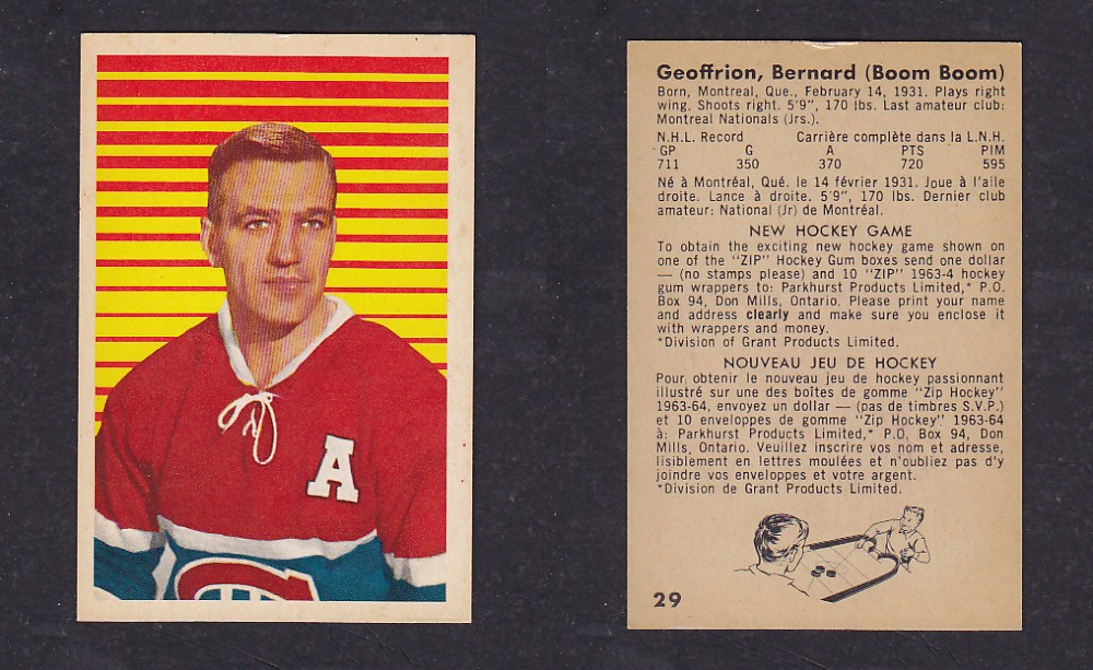 1963-64 PARKHURST HOCKEY CARD #29 B. GEOFFRION photo