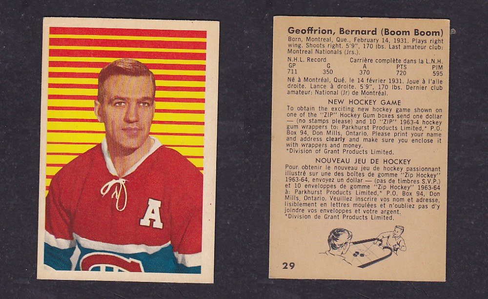 1963-64 PARKHURST HOCKEY CARD #29 B. GEOFFRION photo