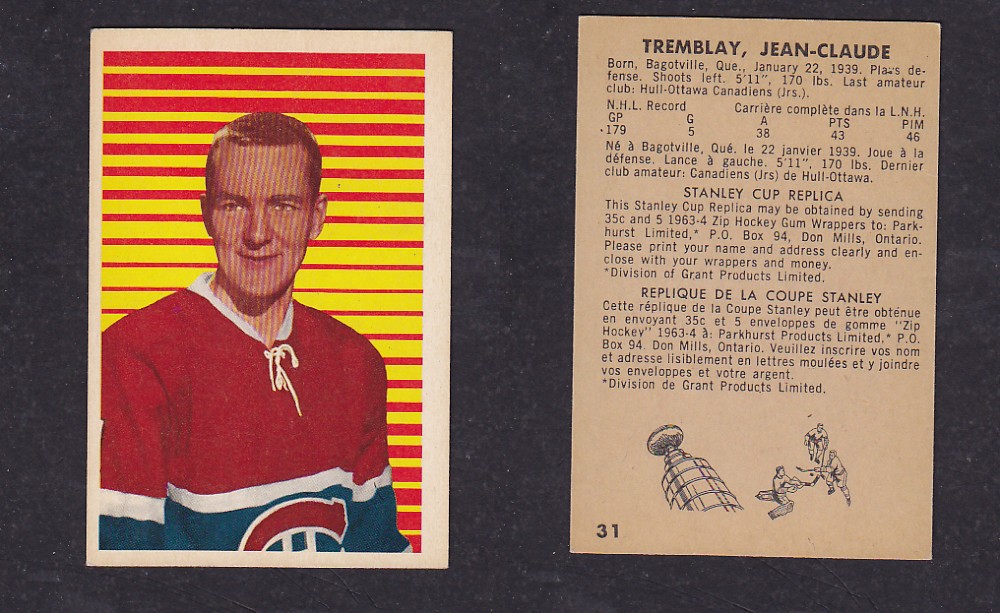 1963-64 PARKHURST HOCKEY CARD #31 J. TREMBLAY photo