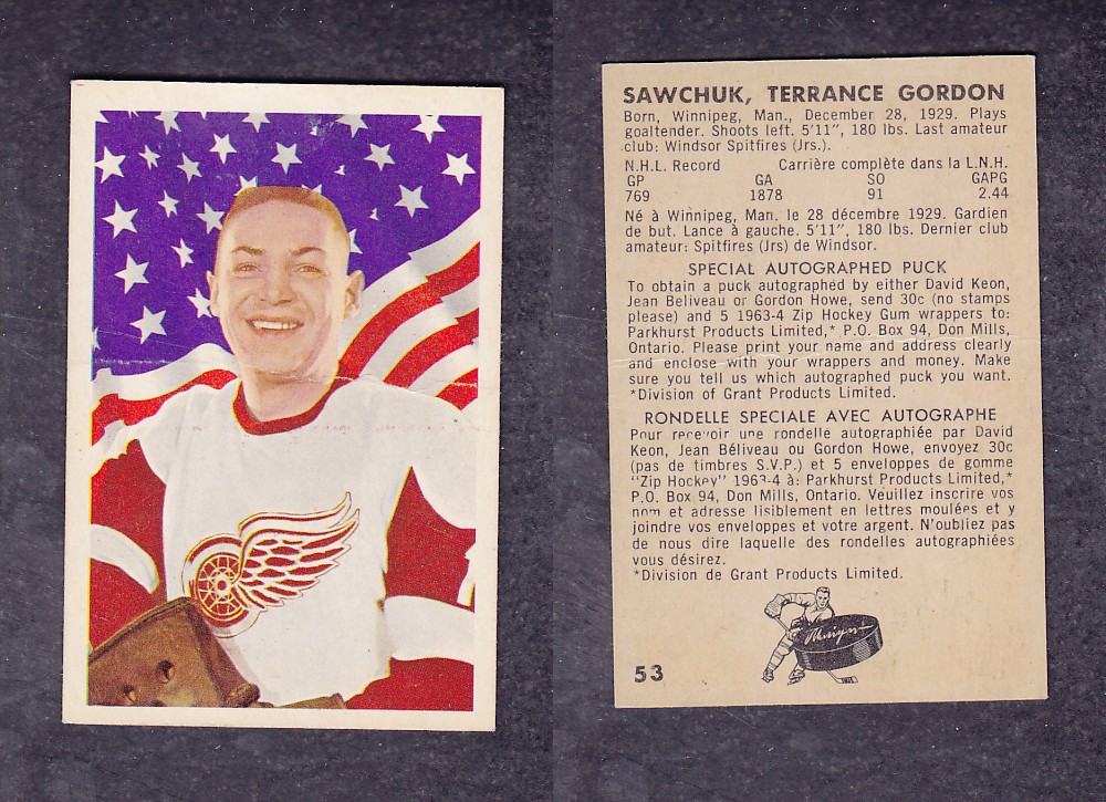 1963-64 PARKHURST HOCKEY CARD #53 T. SAWCHUK photo