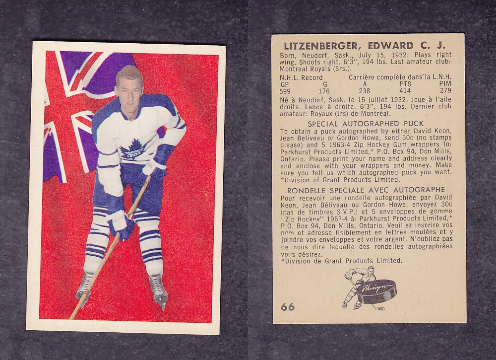 1963-64 PARKHURST HOCKEY CARD #66 E. LITZENBERGER photo