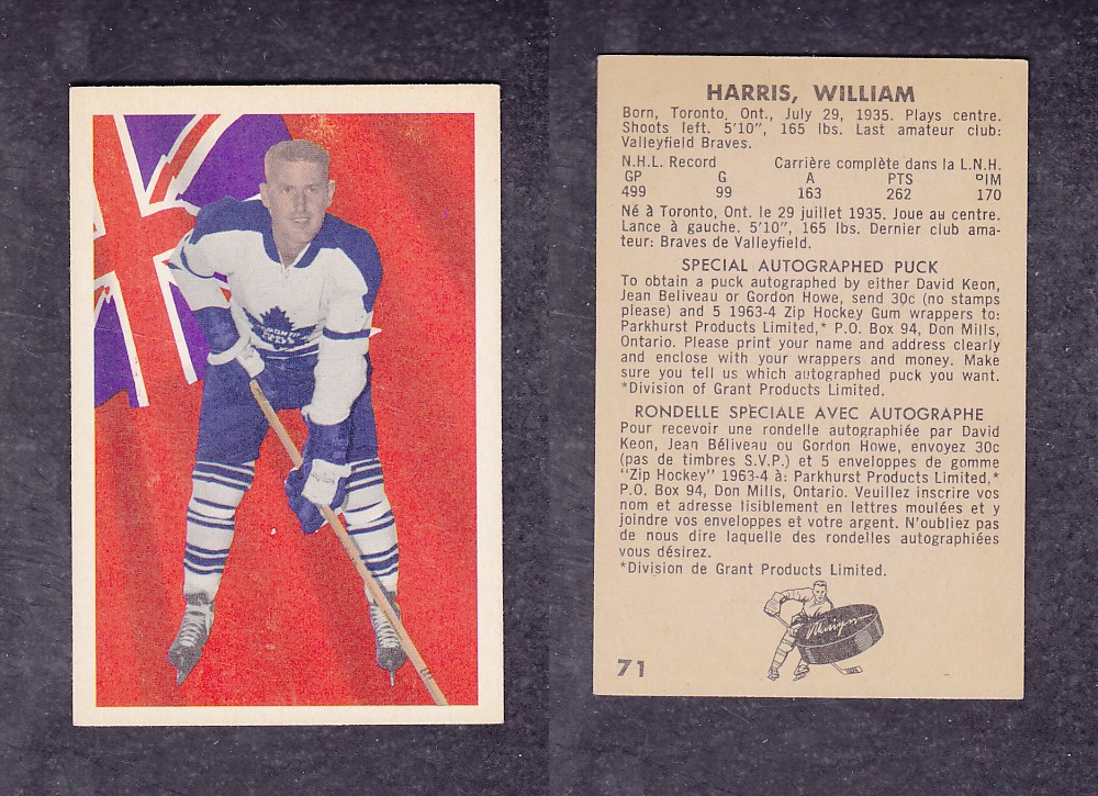 1963-64 PARKHURST HOCKEY CARD #71 W. HARRIS photo