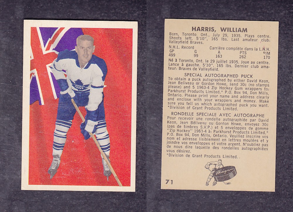 1963-64 PARKHURST HOCKEY CARD #71 W. HARRIS photo