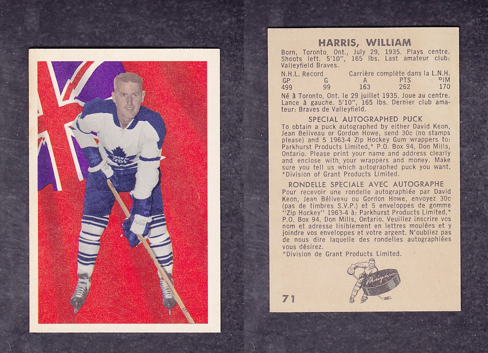 1963-64 PARKHURST HOCKEY CARD #71 W. HARRIS photo