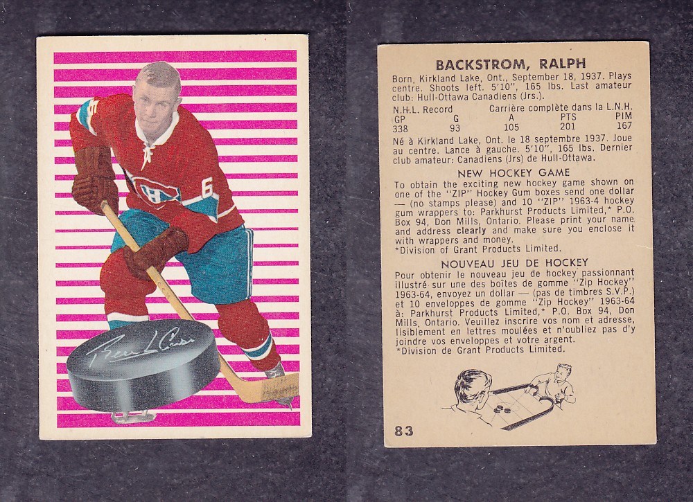 1963-64 PARKHURST HOCKEY CARD #83 R. BACKSTROM photo