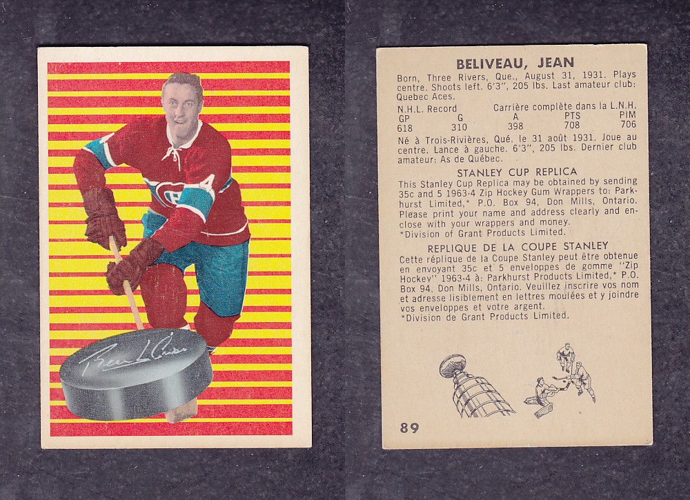 1963-64 PARKHURST HOCKEY CARD #89 J. BELIVEAU photo