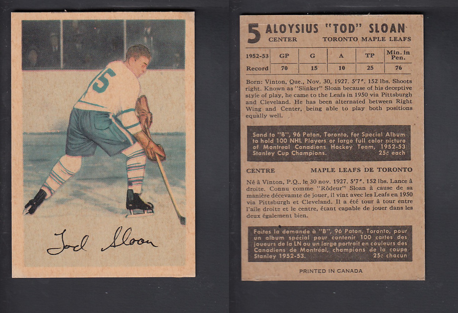 1953-54 PARKHURST HOCKEY CARD #5 A. SLOAN photo