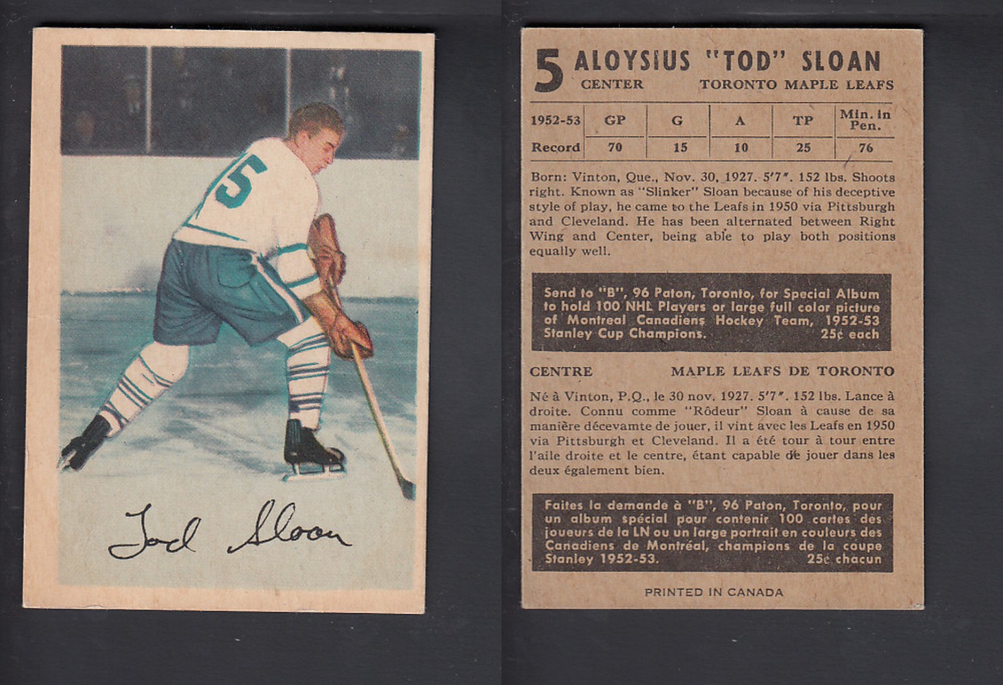 1953-54 PARKHURST HOCKEY CARD #5 A. SLOAN photo