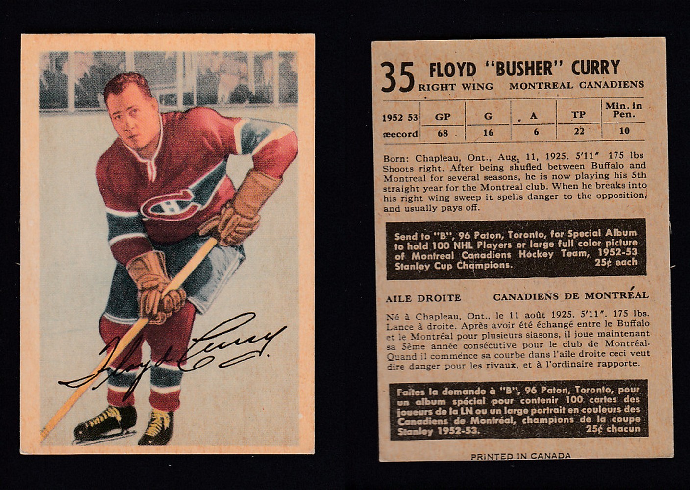 1953-54 PARKHURST HOCKEY CARD #35 F. CURRY photo