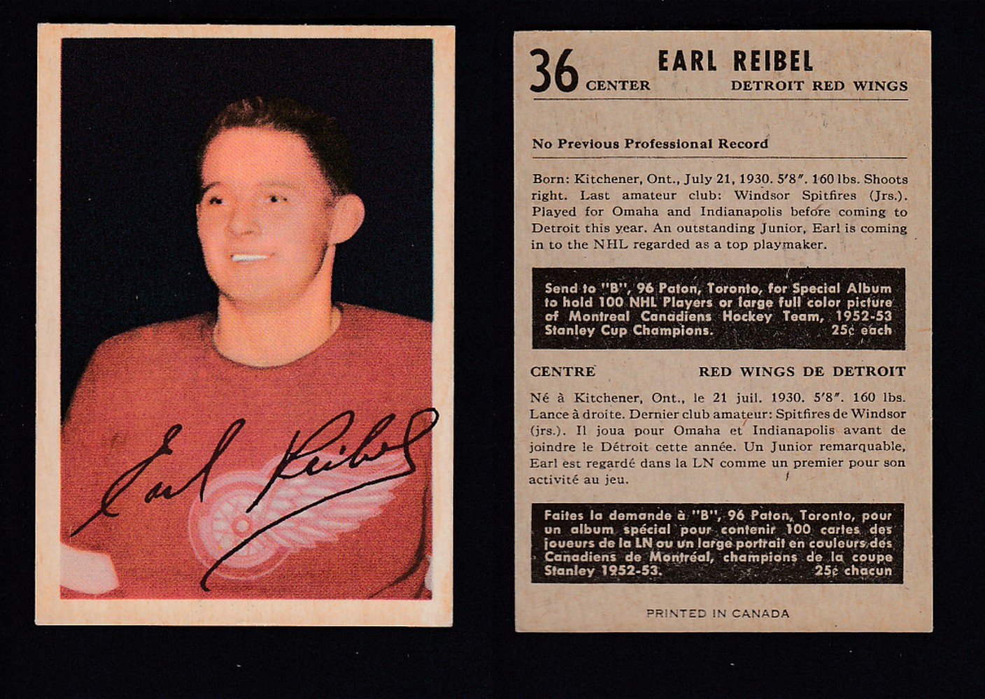 1953-54 PARKHURST HOCKEY CARD #36 E. REIBEL photo