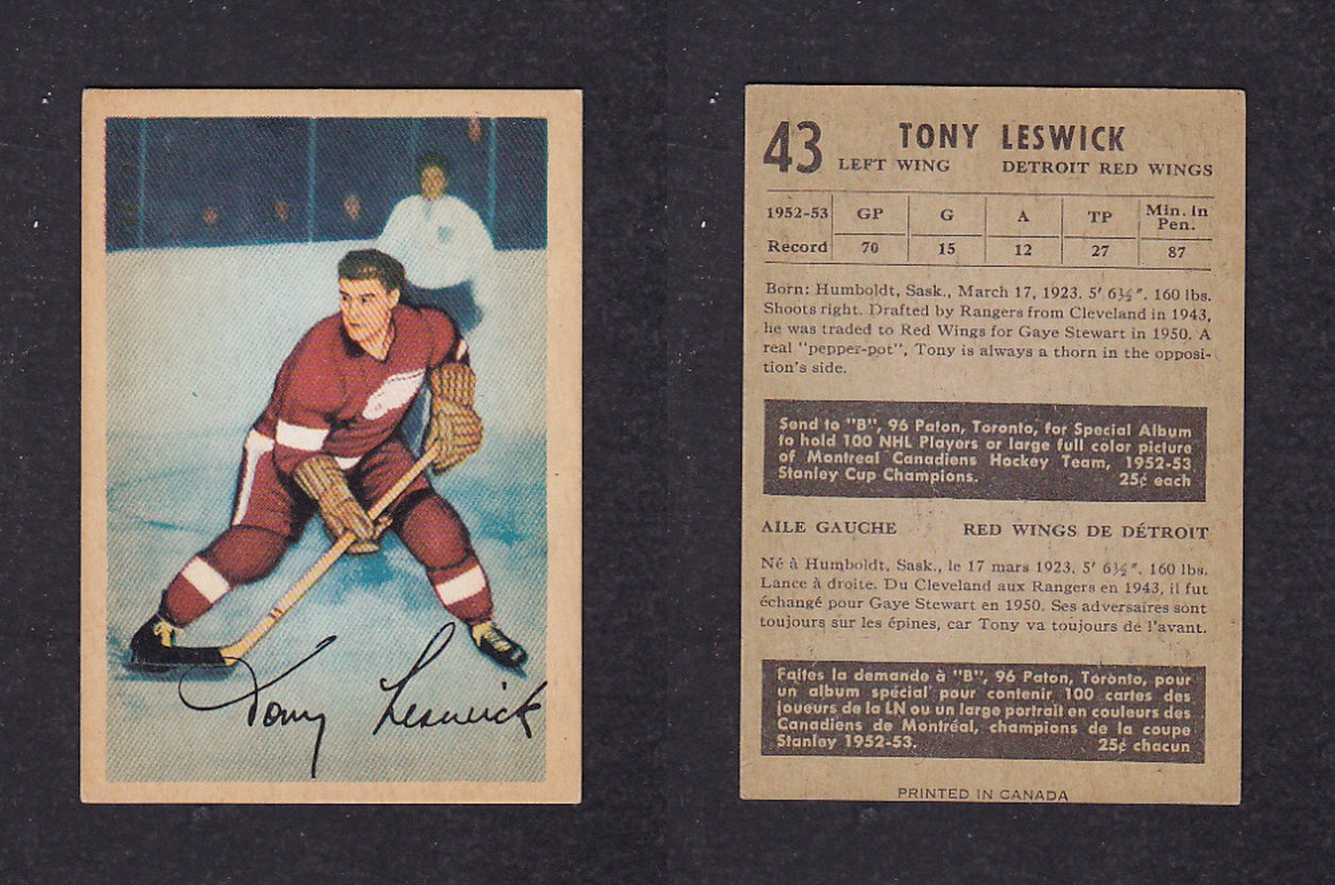 1953-54 PARKHURST HOCKEY CARD #43 T. LESWICK photo