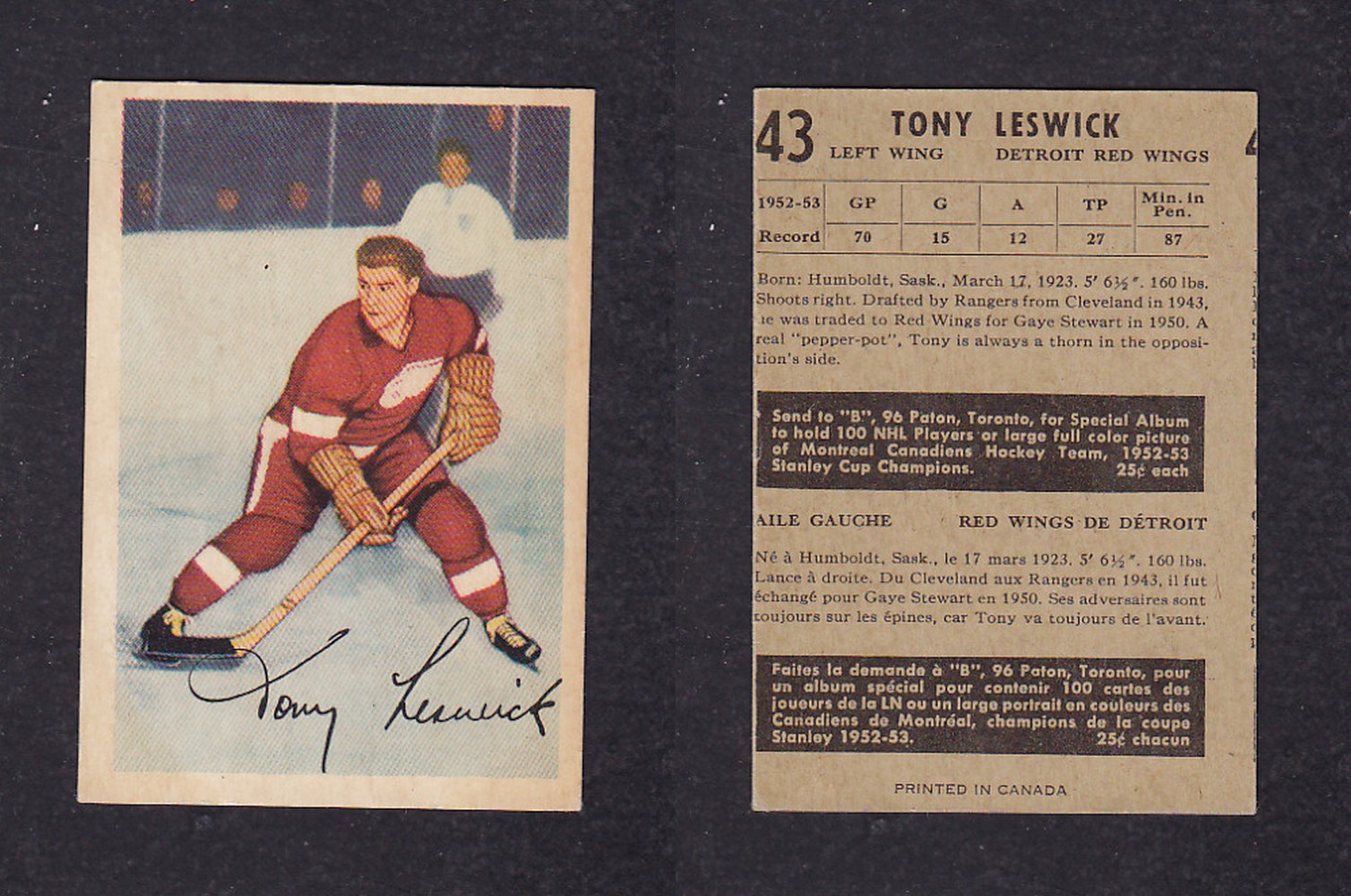 1953-54 PARKHURST HOCKEY CARD #43 T. LESWICK photo