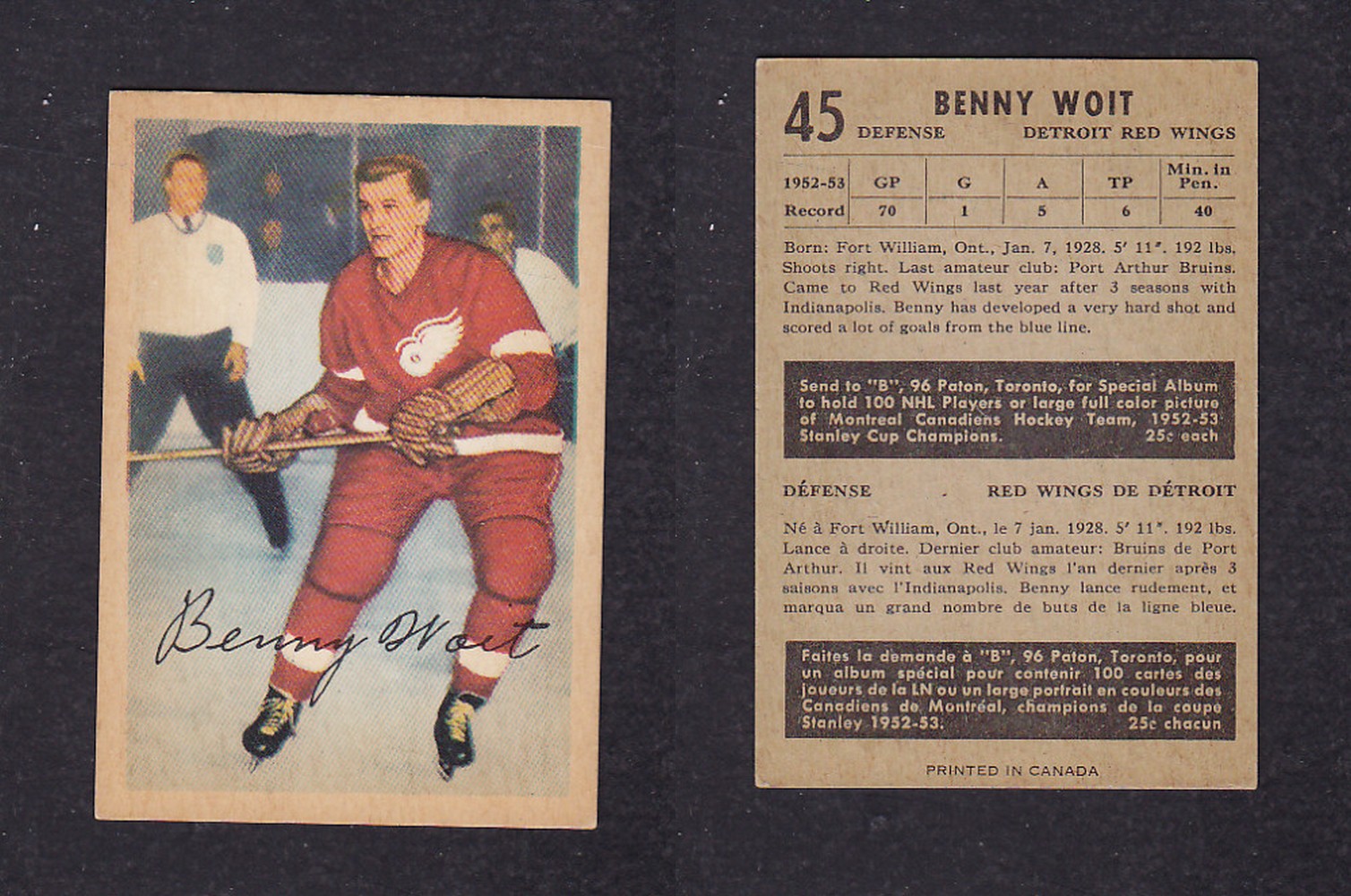 1953-54 PARKHURST HOCKEY CARD #45 B. WOIT photo