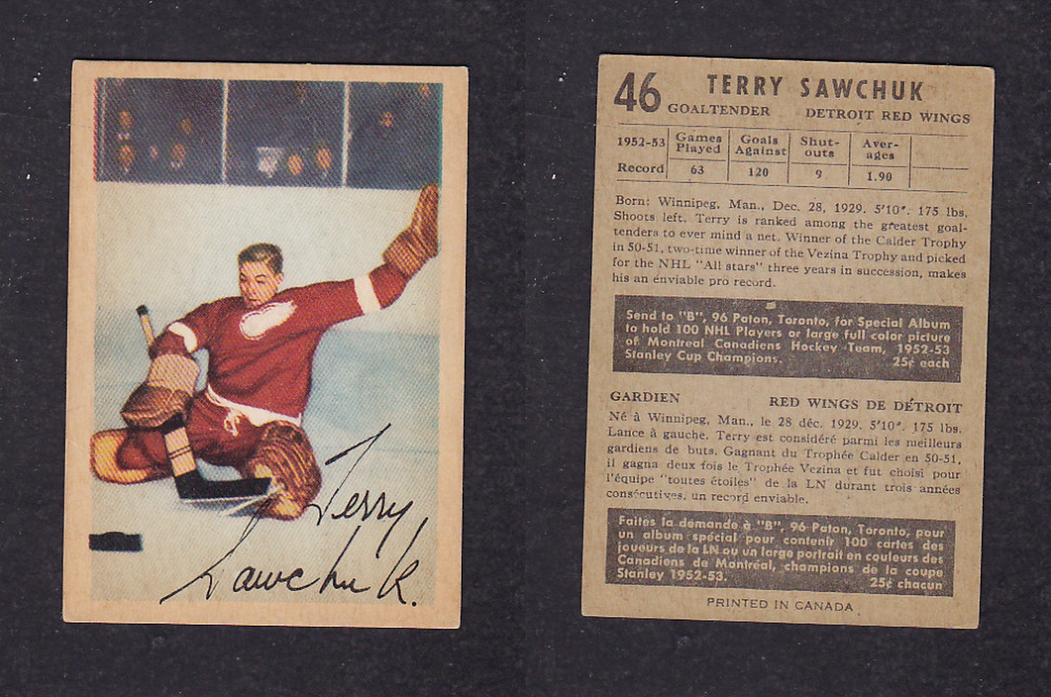 1953-54 PARKHURST HOCKEY CARD #46 T. SAWCHUK photo