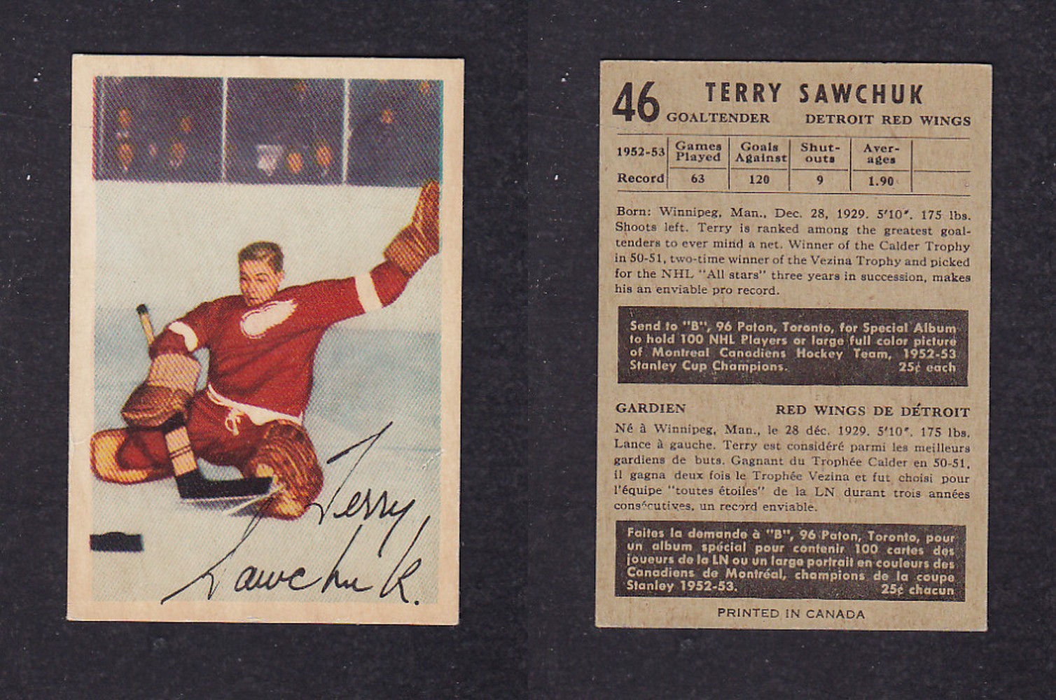 1953-54 PARKHURST HOCKEY CARD #46 T. SAWCHUK photo