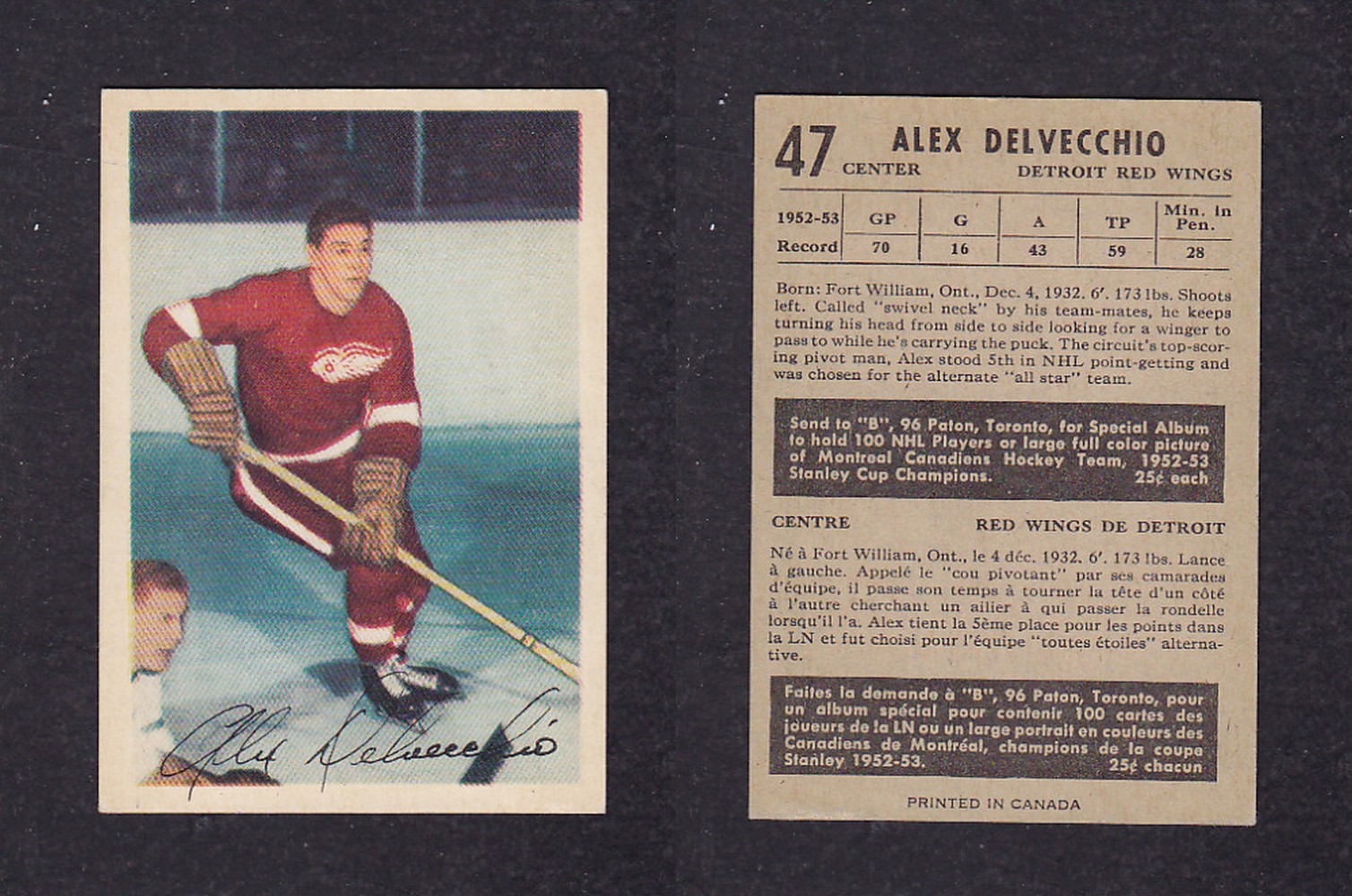 1953-54 PARKHURST HOCKEY CARD #47 A. DELVECCHIO photo