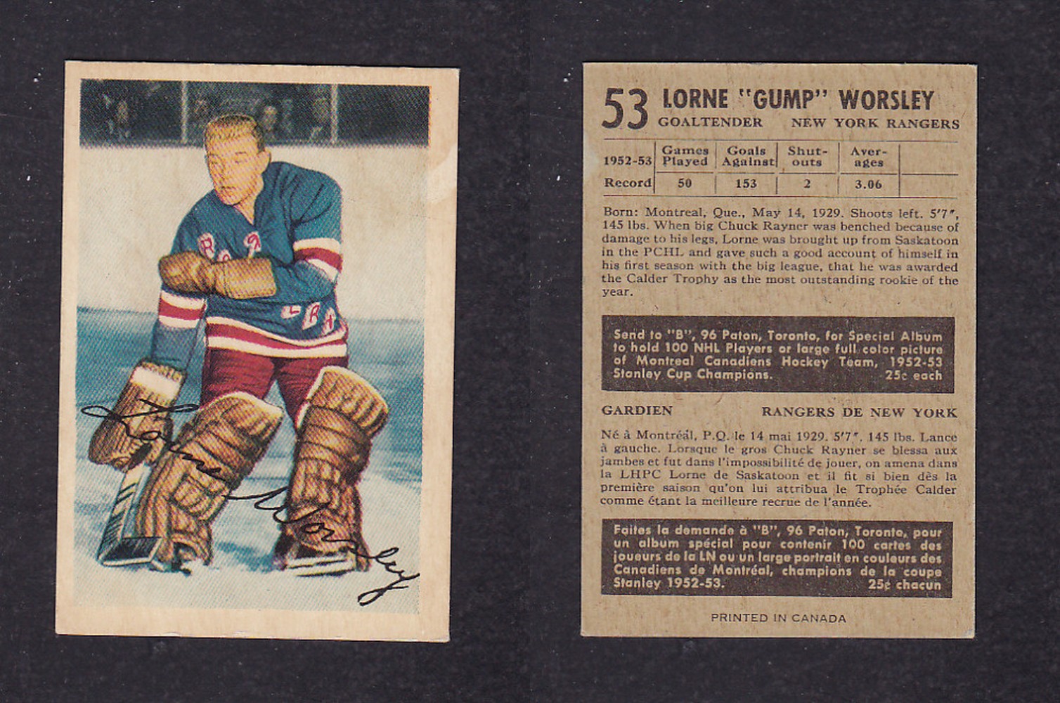 1953-54 PARKHURST HOCKEY CARD #53 L. WORSLEY photo