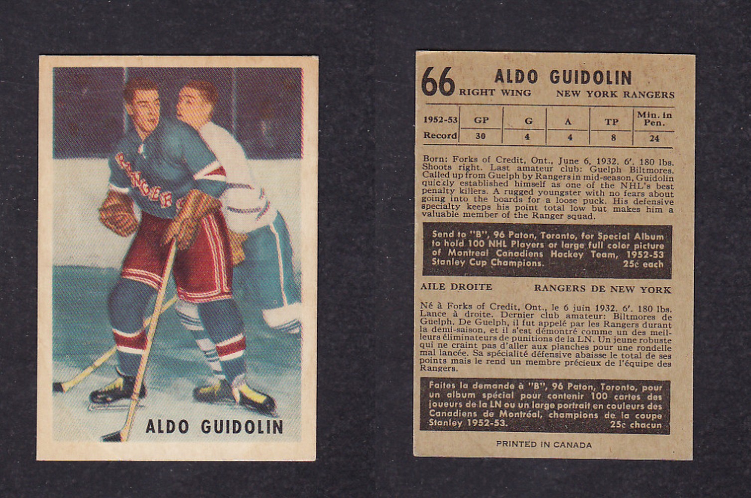 1953-54 PARKHURST HOCKEY CARD #66 A. GUIDOLIN photo