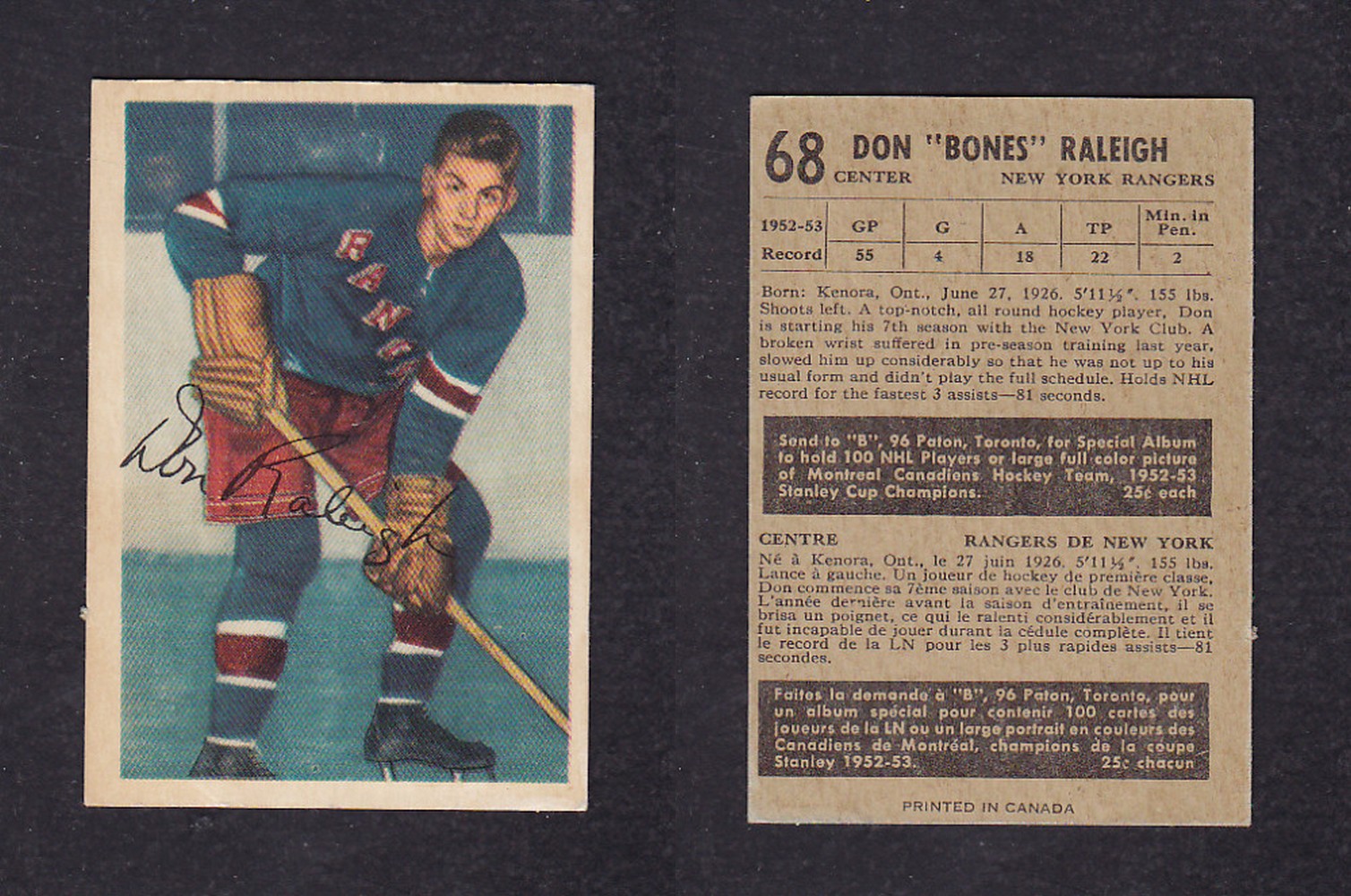 1953-54 PARKHURST HOCKEY CARD #68 D. RALEIGH photo