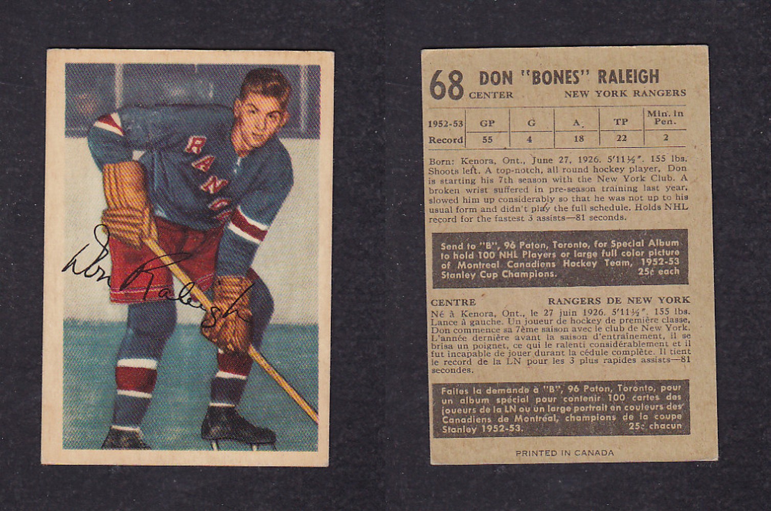 1953-54 PARKHURST HOCKEY CARD #68 D. RALEIGH photo