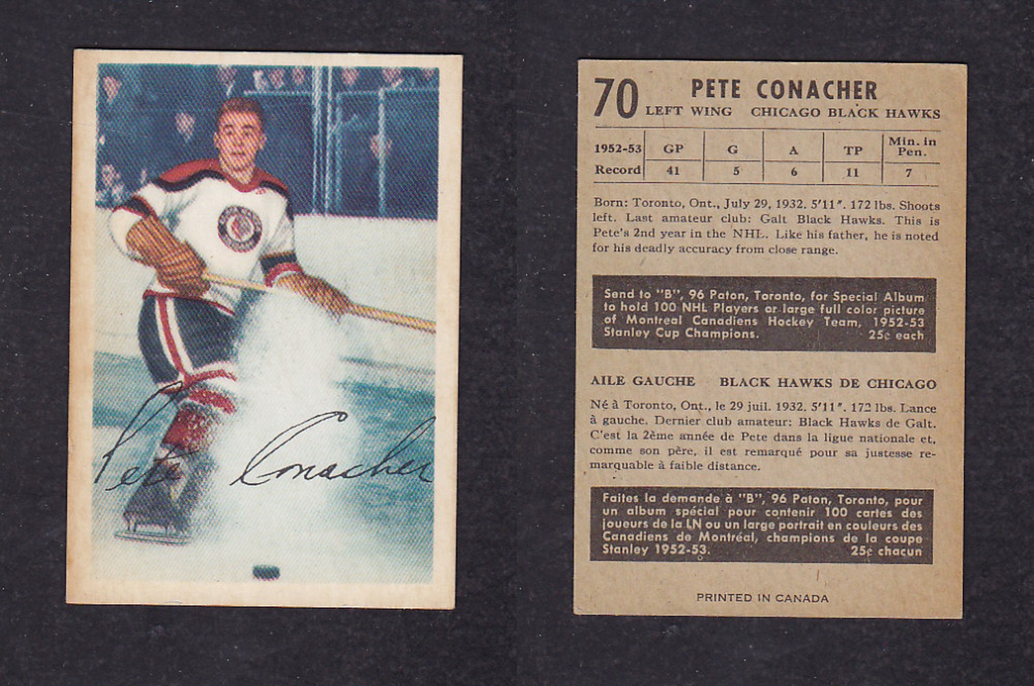 1953-54 PARKHURST HOCKEY CARD #70 P. CONACHER photo