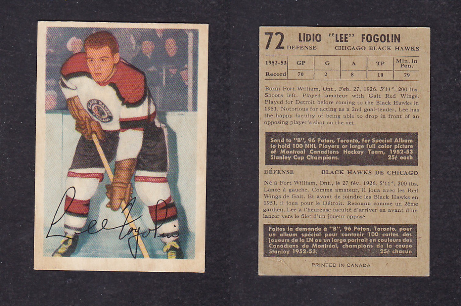 1953-54 PARKHURST HOCKEY CARD #72 L. FOGOLIN photo