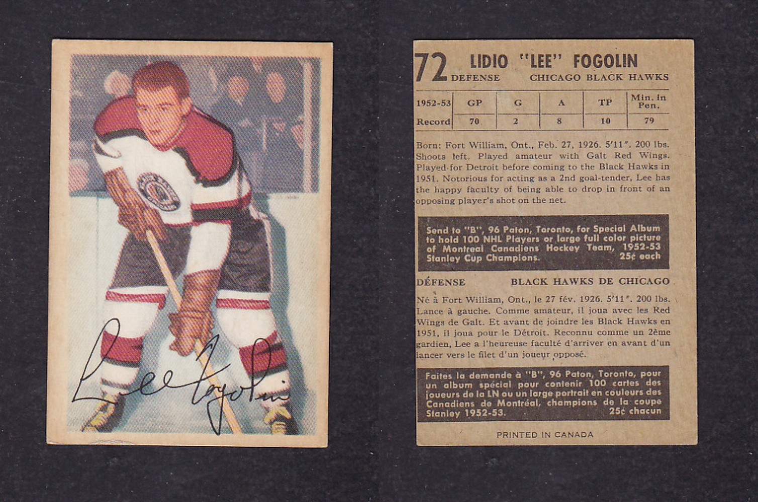 1953-54 PARKHURST HOCKEY CARD #72 L. FOGOLIN photo