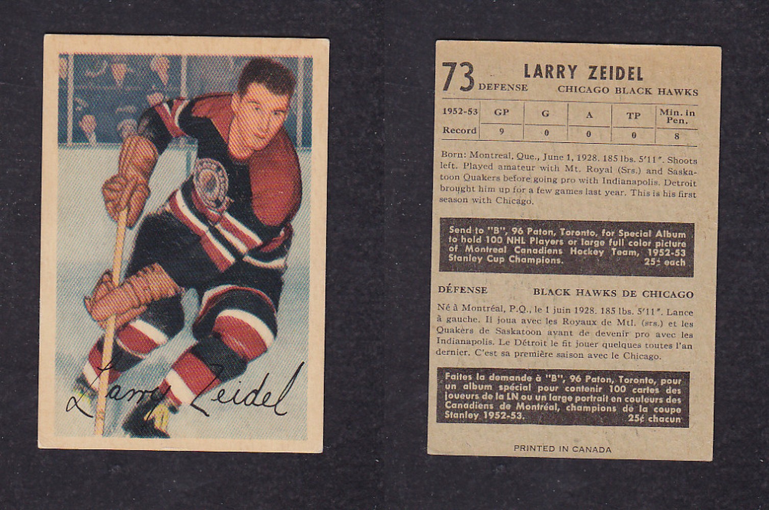 1953-54 PARKHURST HOCKEY CARD #73 L. ZEIDEL photo