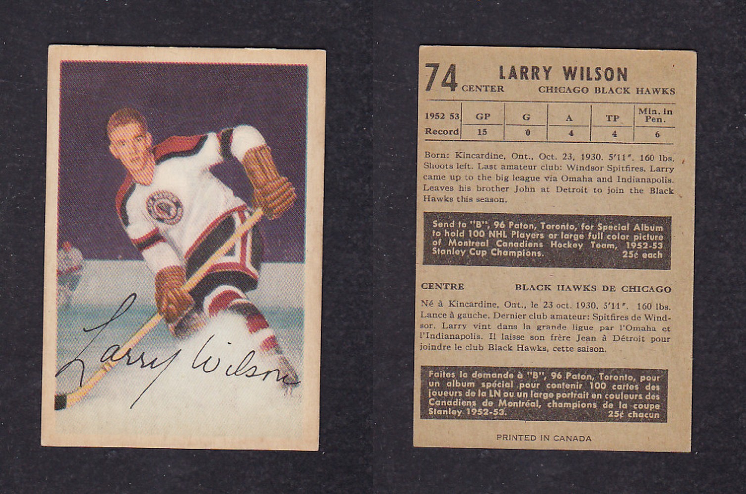 1953-54 PARKHURST HOCKEY CARD #74 L. WILSON photo